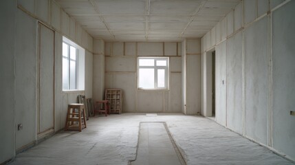 Empty Interior of a Newly Constructed Room with Unfinished Walls, Windows, and Minimalist Design in Natural Light