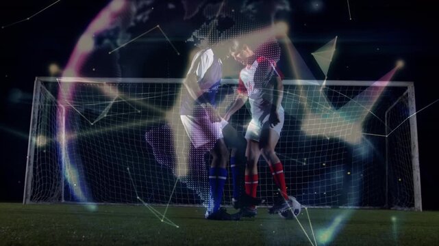 Animation of data processing over diverse football players on football pitch