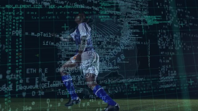 Animation of data processing over african american football player on football pitch
