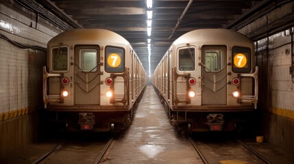 Two Subway Trains in Underground Station with Bright Lights and Detailed Infrastructure on Display in Urban Environment