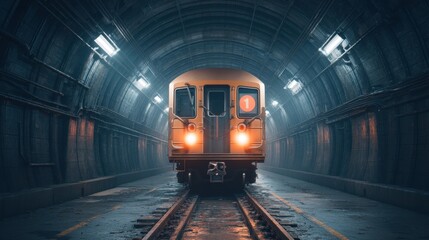 Naklejka premium Underground Train Approaching Station in Dark Tunnel with Bright Lights, Mysterious Atmosphere and Industrial Aesthetic for Transportation Themes