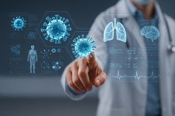 AI generated ultra realistic doctor interacting with glowing virus hologram and medical data showing lungs human body and analysis symbolizing futuristic healthcare and disease research