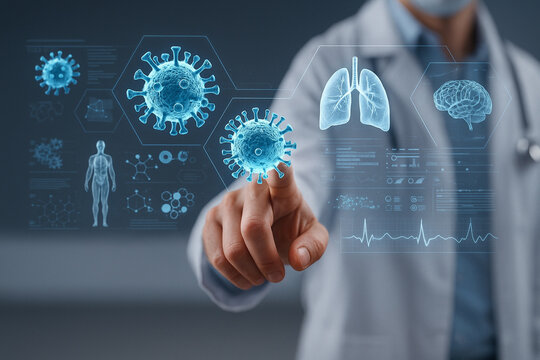 AI generated ultra realistic doctor interacting with glowing virus hologram and medical data showing lungs human body and analysis symbolizing futuristic healthcare and disease research - Powered by Adobe