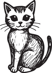 Cat Doodle Black and White Illustration Vector Image Cute Kitten Sketch Line Art Drawing Silhouette