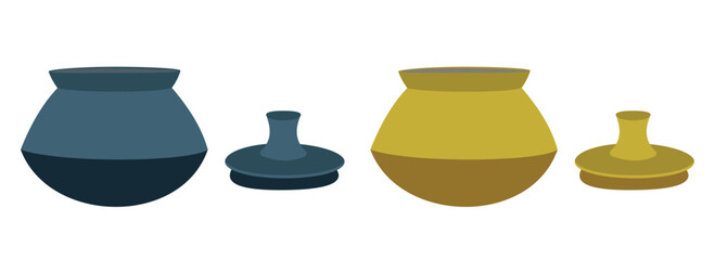 Traditional clay pots with lids in yellow and blue flat vector illustration