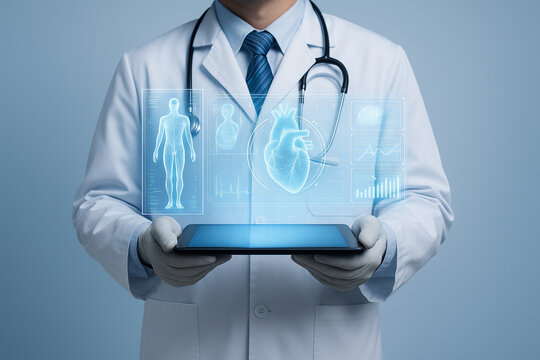 AI generated futuristic medical scene of doctor holding tablet with glowing holographic human body and health data symbolizing innovation and advanced digital healthcare technology - Powered by Adobe