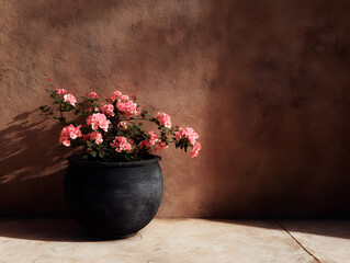Delicate Pink Roses Blooming in Dark Pot against Textured Earth-Toned Wall