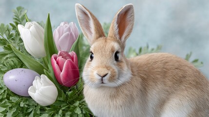 Obraz premium Easter bunny posing near colorful tulips and easter egg