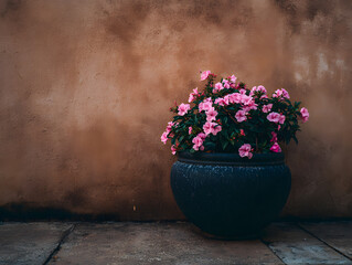 Pink Flowers in Dark Pot Against Weathered Wall Texture Still Life