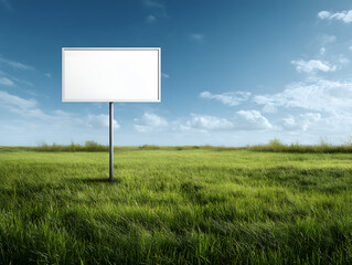 A blank billboard stands in a vast, green field under a bright blue sky with fluffy white clouds, ready for any message or advertisement