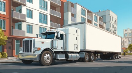 Local Truck Delivery. Day Cab Semi-Truck with Box Trailer for Urban Freight Transportation