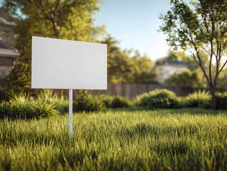 Blank White Sign on Sunny Lawn Advertising or Promotion