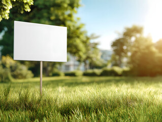 Blank White Sign on Green Lawn in Sunny Park Advertisement Mockup