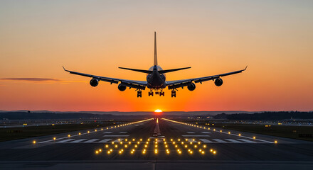 Majestic jetliner descends onto illuminated runway during breathtaking golden hour sunset