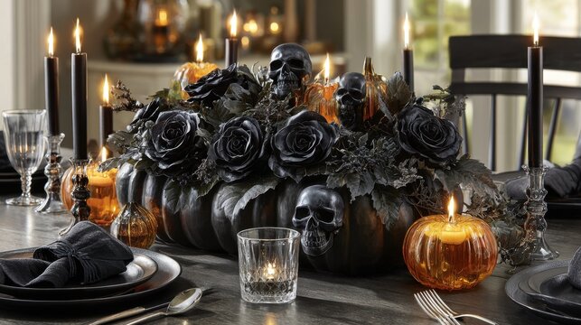 Black and Orange Halloween Table Decoration with Skulls, Roses, and Candles Creating a Spooky Atmosphere for Festive Gatherings and Celebrations