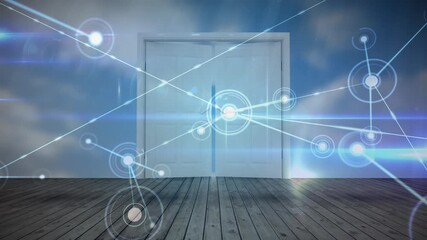 Animation of network of connections over door opening over sky - Powered by Adobe