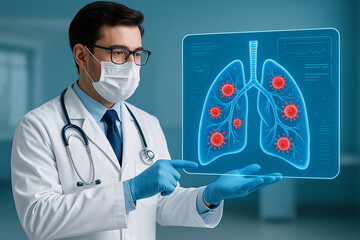 AI generated ultra realistic doctor showing holographic lungs with red virus particles symbolizing respiratory infection healthcare diagnosis and digital medical technology
