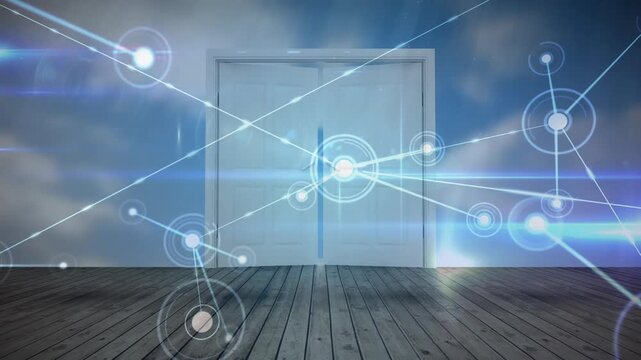 Animation of network of connections over door opening over sky