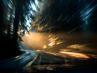 Abstract Road with Golden Light Effect and Blurred Motion in Dark Forest