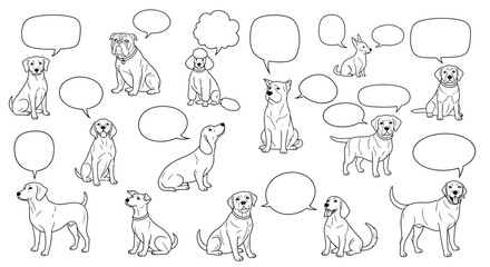 Monochrome dog breeds with speech bubbles convey various thoughts and emotions in seamless pattern