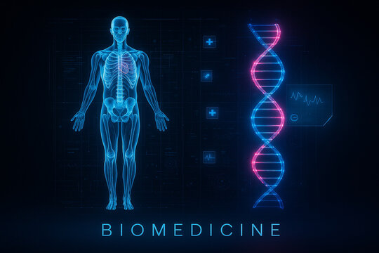 AI generated digital hologram of human anatomy with glowing DNA helix representing genomics precision medicine and futuristic biomedicine innovation in modern healthcare