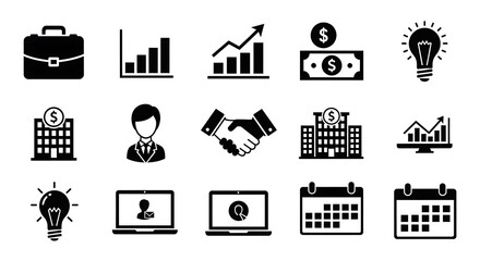 Minimalist black business and finance icon collection, featuring glyph symbols for banking, corporate strategy, and success on a white background