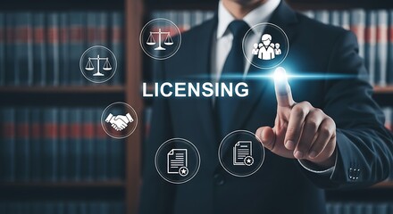 Fototapeta premium Man in suit interacting with licensing technology and legal icons in office setting