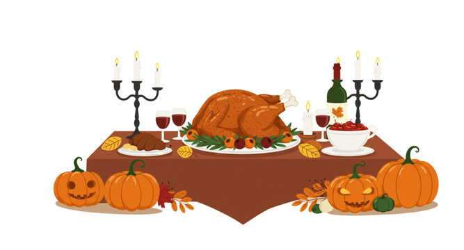 Dinner table with roasted turkey, candles, and pumpkin - Powered by Adobe