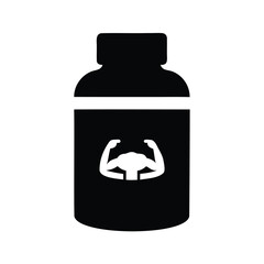 Black and white image of a supplement container indicating muscle growth, iron supplement bottle silhouette vector illustration