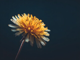 Close-up Macro Photograph of a Vibrant Yellow Dandelion Flower Blooming Against a Dark, Moody Background with Soft Lighting
