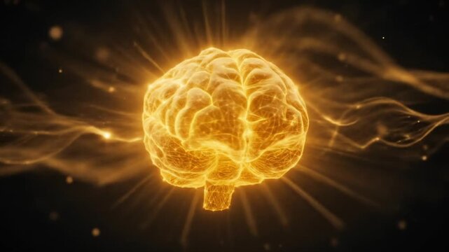 Digital brain consisting of sparkling golden light dots on a dark background with radiating waves. 4k videos