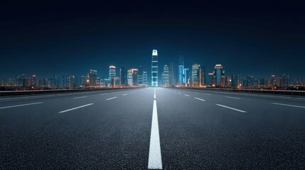 Fototapeta premium Urban Nightscape with Empty Road Leading to Illumined Skyscrapers in a Modern City Skyline Under a Starlit Sky for Urban Living Themes