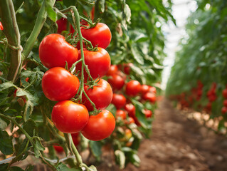Ripe Red Tomatoes Growing on Vine in Greenhouse Setting