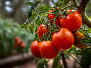 Ripening red tomatoes on the vine, a vibrant close-up showcasing the natural beauty and bounty of a home garden, perfect for culinary inspiration and healthy living