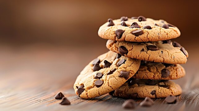 Stack of delicious chocolate chip cookies resting on wooden table - Powered by Adobe
