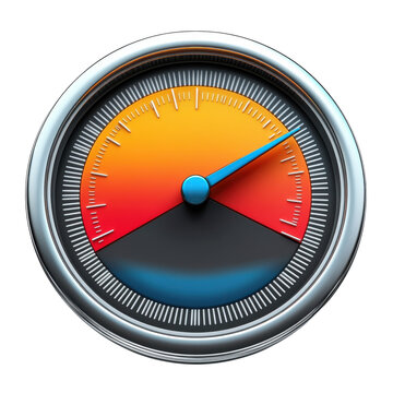Speedometer gauge with a blue needle indicating a moderate level on a colorful dial against a for measuring performance and speed on transparent background
