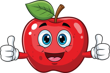 Cheerful cartoon apple character with thumbs up, healthy fruit mascot illustration, cute vector art for children, food, and education themes