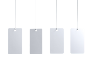 Four blank rectangular tags hanging by strings