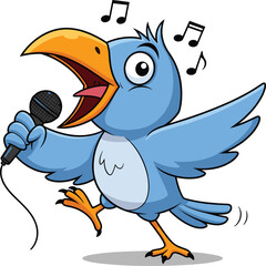 Cartoon blue bird singing into microphone with musical notes, cheerful vector character for children’s illustration, music and performance themes