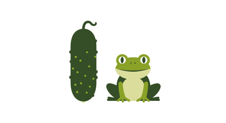 Whimsical illustration of a cartoon frog sitting next to a spiky green pickle  funny artwork with