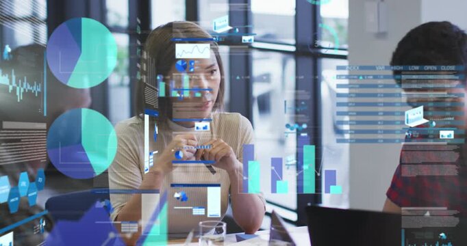 Statistical data processing against group of diverse office colleagues discussing at office - Powered by Adobe