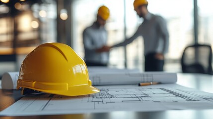 A construction scene featuring a yellow hard hat and blueprints, with blurred figures discussing plans in the background.