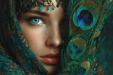 Intimate fantasy illustration of a girl and a peacock inspired by classic fairy tales