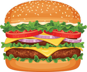 Realistic cheeseburger vector illustration with fresh ingredients including lettuce, tomato, onion, cheddar cheese, beef patty, and sesame bun