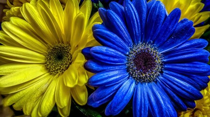 Obraz premium gerbera,minimal,flowers,petals,spring,plant,bloom,colorful,decoration,arrangement,beauty,yellow,floral,fresh,artistic,vibrant,bright,nature,blue