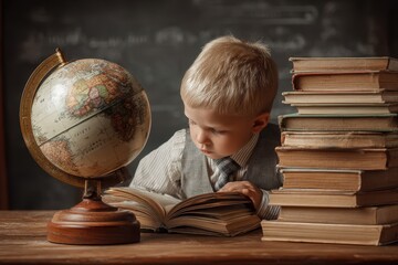 Elementary student with a globe and books Young boy learning Pupils acquiring knowledge