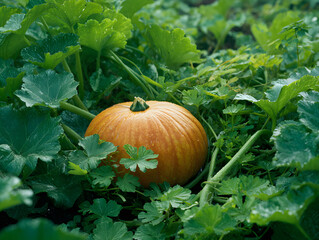 Obraz premium Orange Pumpkin Growing Among Green Vines and Leaves in Field