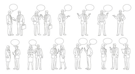 Line art drawing of business professionals in discussions with blank speech bubbles offering