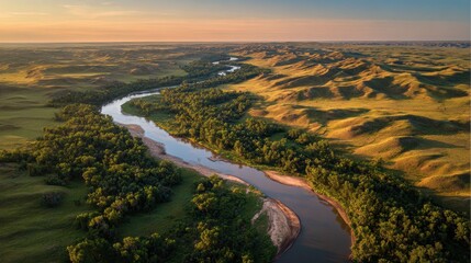 Nebraska Summer. Sunrise over Dismal River in the Sandhills. Aerial View of American Countryside
