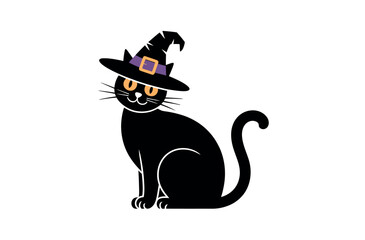Cute Black Cat in Witch's Hat with Halloween Pumpkin